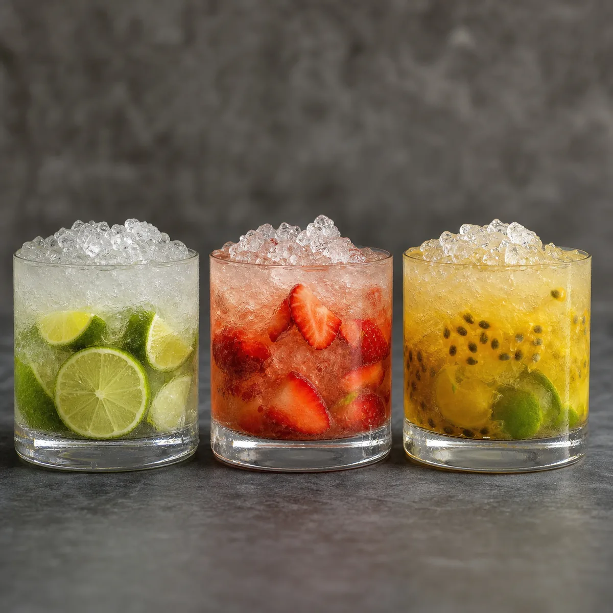 Caipiroska mit Limette, Erdbeere und Passionsfrucht