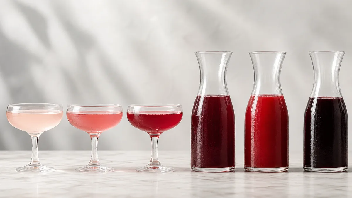 Drei Cosmopolitan-Proben von blassrosa bis dunkelrot