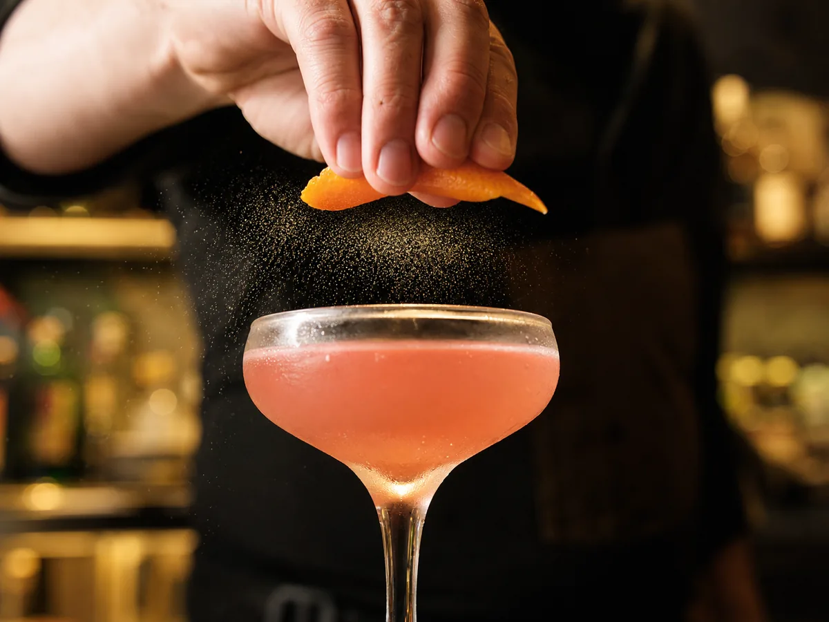 Orangenzeste wird über einem Cosmopolitan ausgedrückt