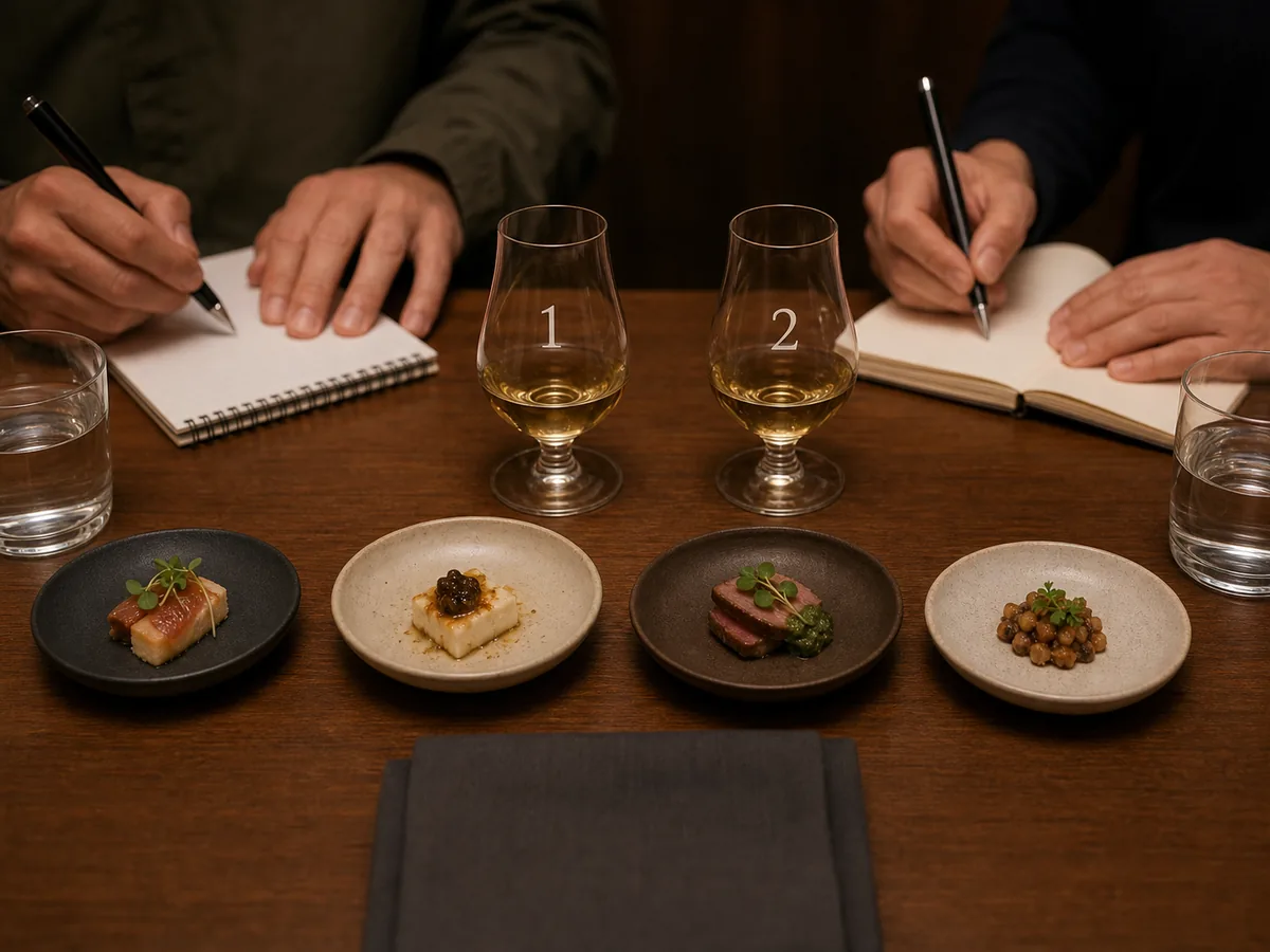 Blindes Food Pairing mit zwei nummerierten Gläsern und vier kleinen Tellern