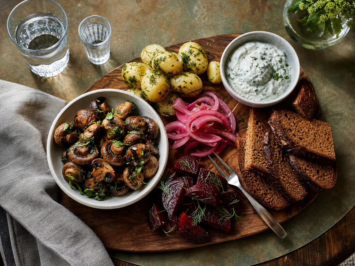 Vegetarische Wodkabegleiter mit Pilzen, Roter Bete, Kartoffeln und Roggenbrot