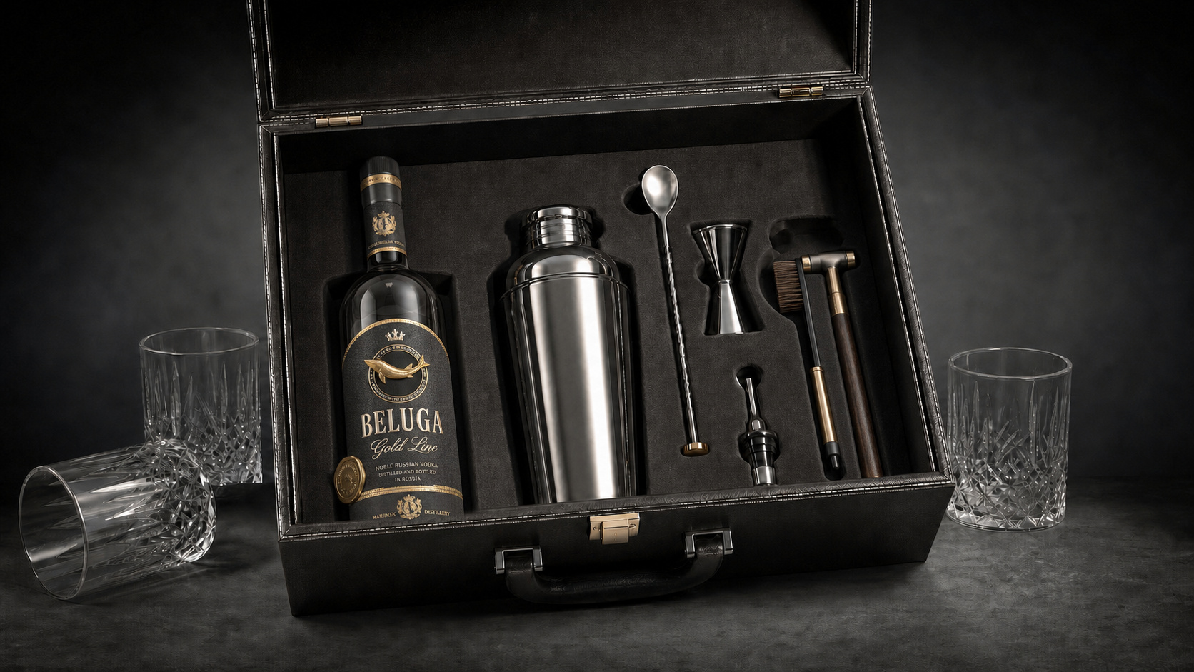 Beluga Gold Line Vodka in edler dunkler Geschenkbox mit Zubehör, hochwertig arrangiert