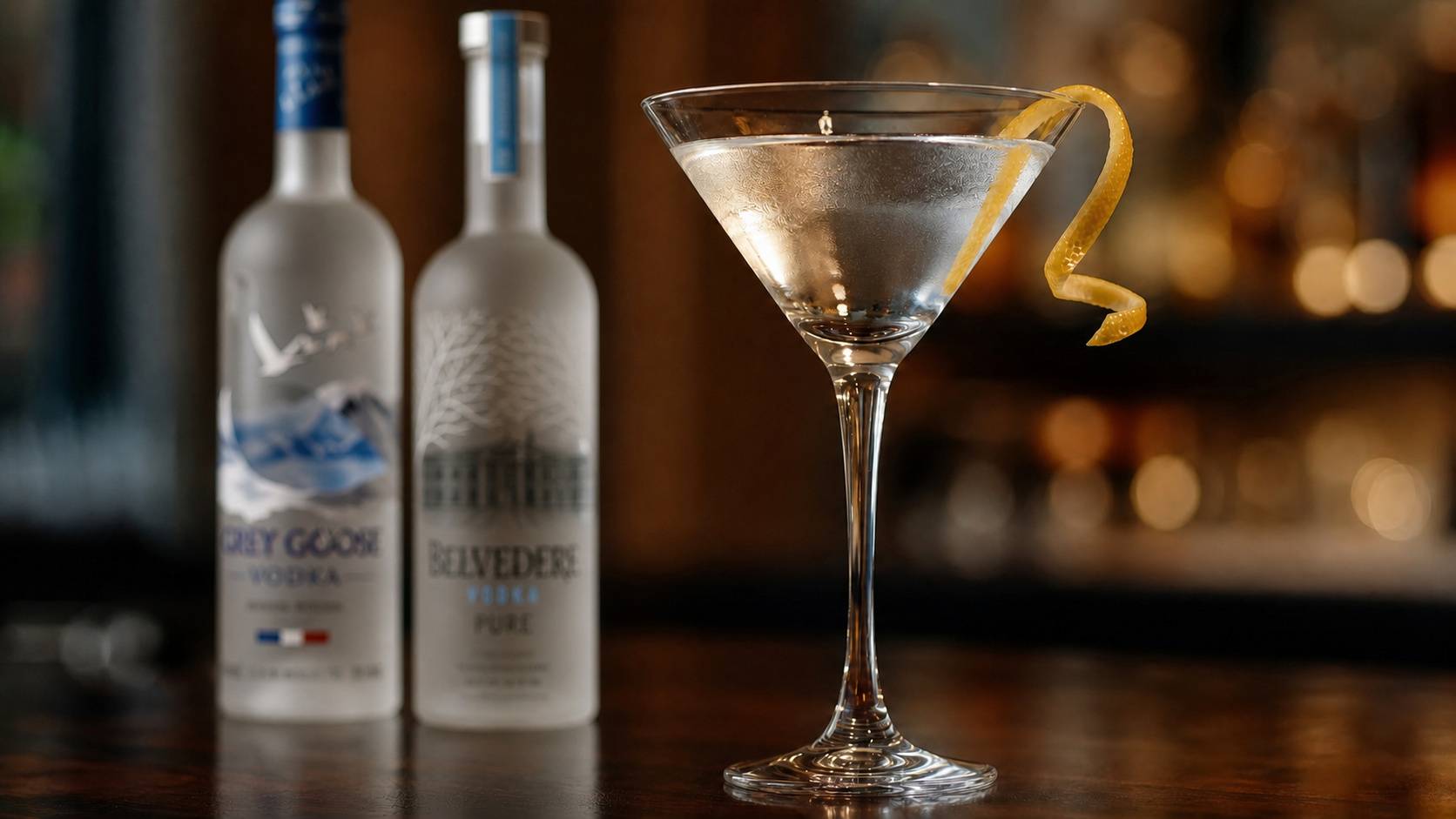 Wodka-Martini mit Zitronenzeste, im Hintergrund unscharf Grey Goose und Belvedere Flaschen bei warmem Barlicht