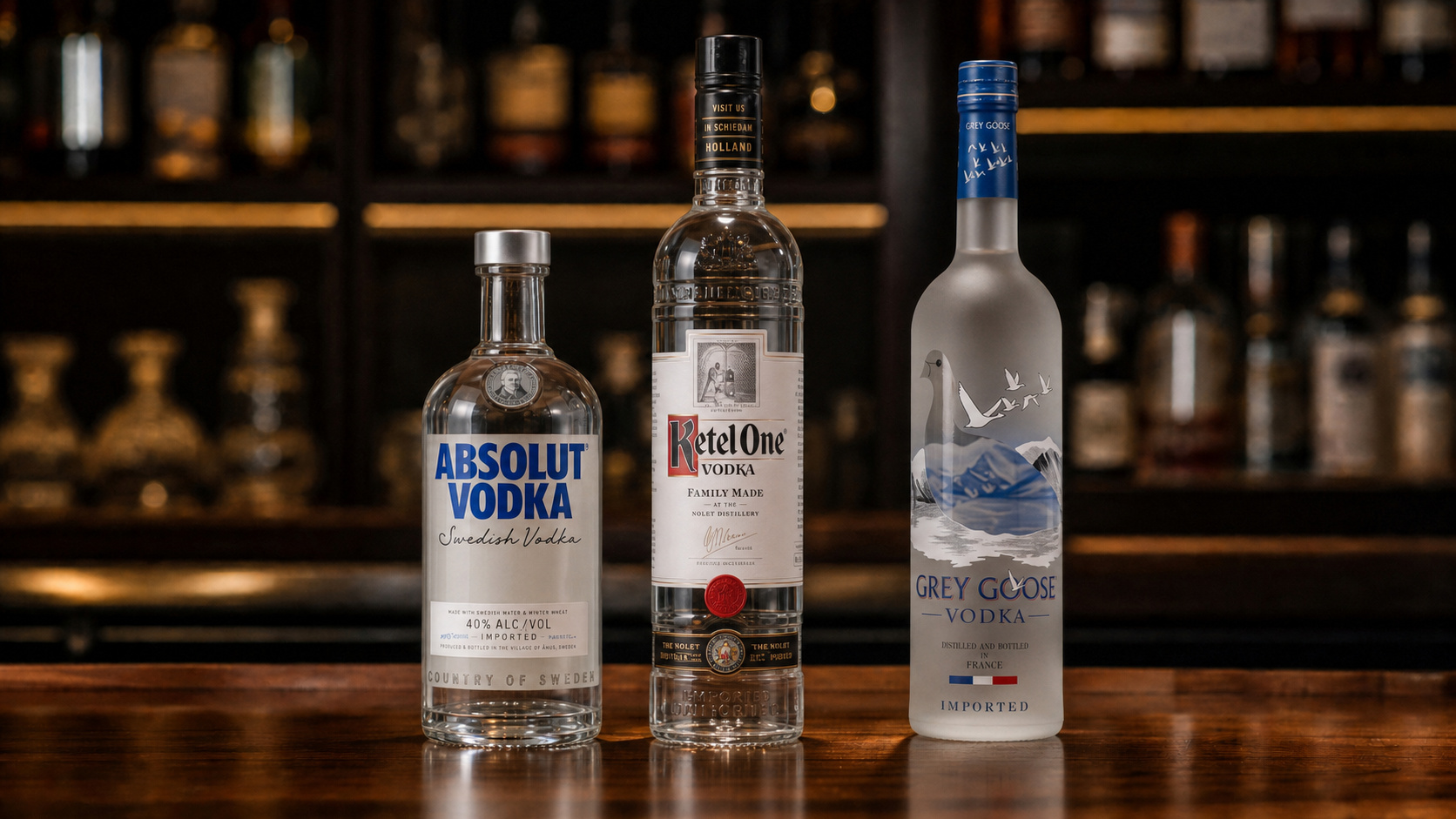 Absolut, Ketel One und Grey Goose Wodkaflaschen nebeneinander auf einem Bartresen – von Budget bis Premium