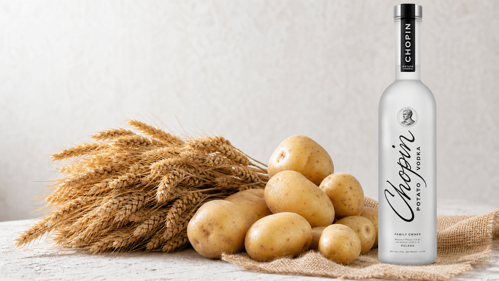 Weizenähren und Kartoffeln neben einer Chopin Vodka Flasche als Rohstoffe für milden Wodka
