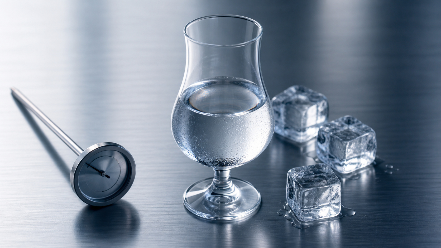 Tulpenglas mit Wodka, daneben Thermometer und Eiswürfel in kühler Farbstimmung