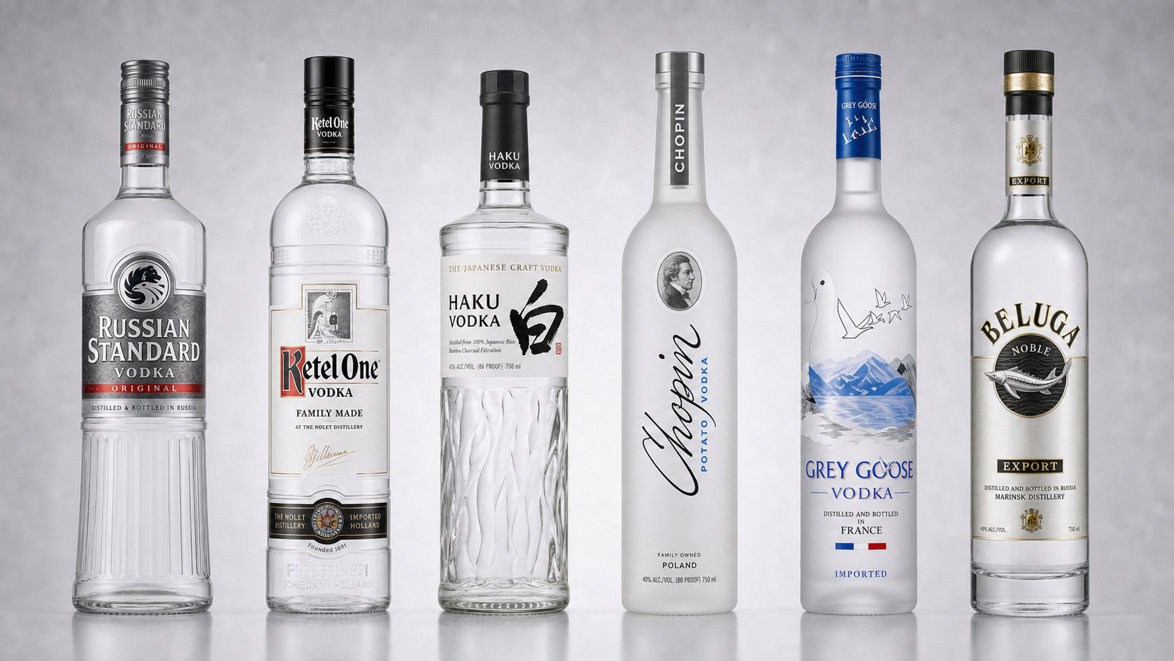 Sechs Wodkaflaschen (Russian Standard, Ketel One, Haku, Chopin, Grey Goose, Beluga) aufgereiht vor hellem Hintergrund