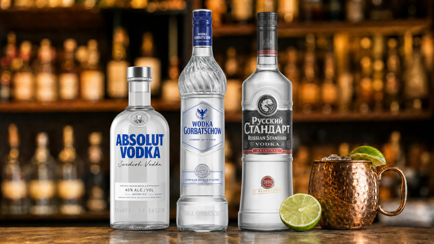 Absolut, Wodka Gorbatschow und Russian Standard Flaschen auf Bartheke mit Limette und Kupferbecher