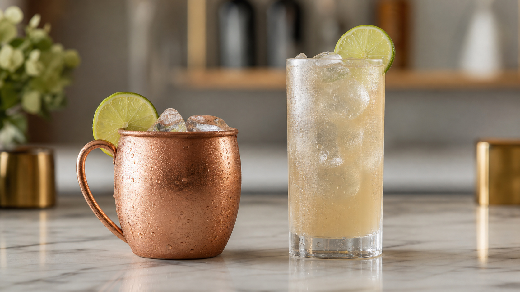 Zwei Mule-Cocktails nebeneinander, einer im Kupferbecher, einer im Longdrinkglas