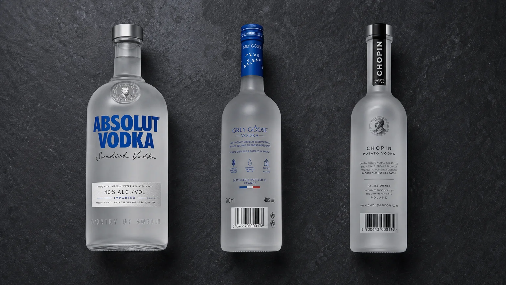 Absolut, Grey Goose und Chopin Vodka mit unterschiedlichen Etikettangaben