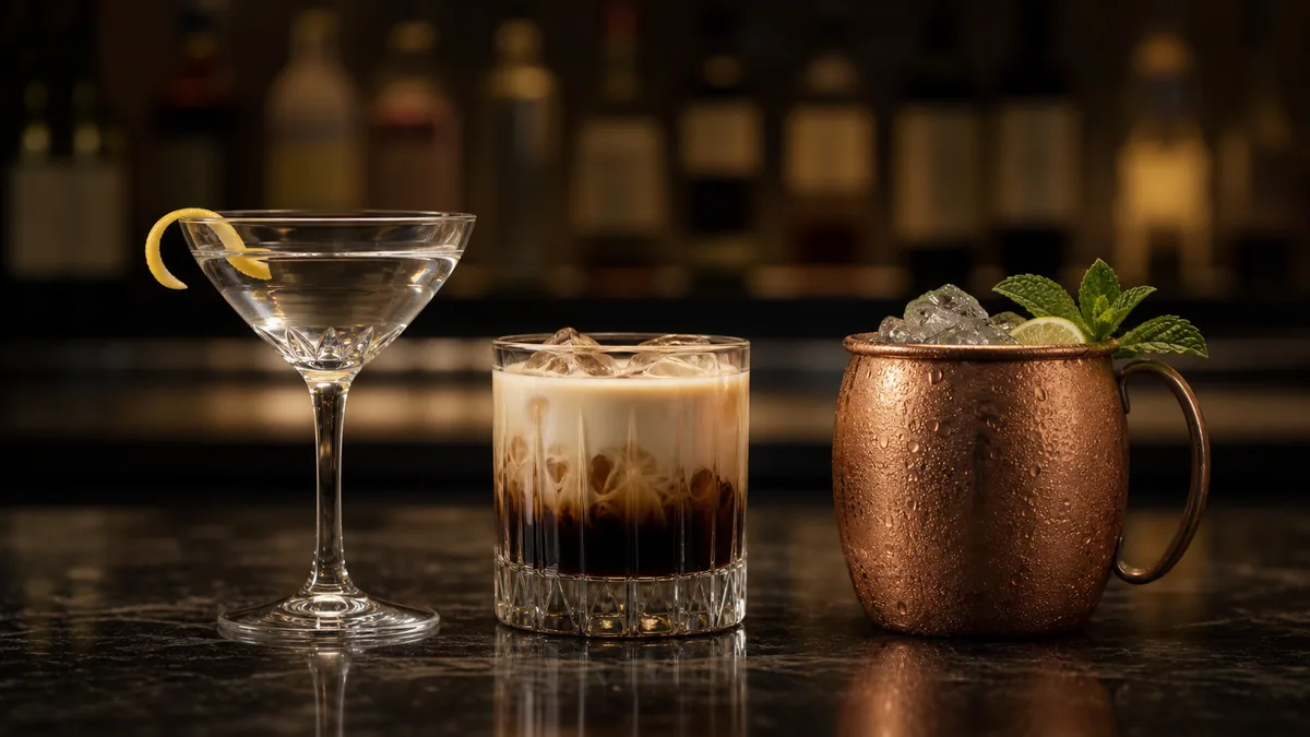 Vodka Martini, White Russian und Moscow Mule in passenden Gläsern