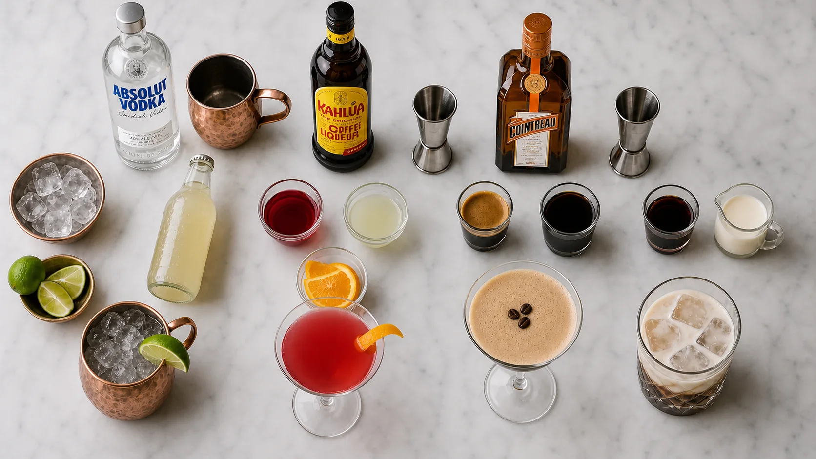 Absolut Vodka, Kahlúa und Cointreau mit Zutaten für vier Cocktails