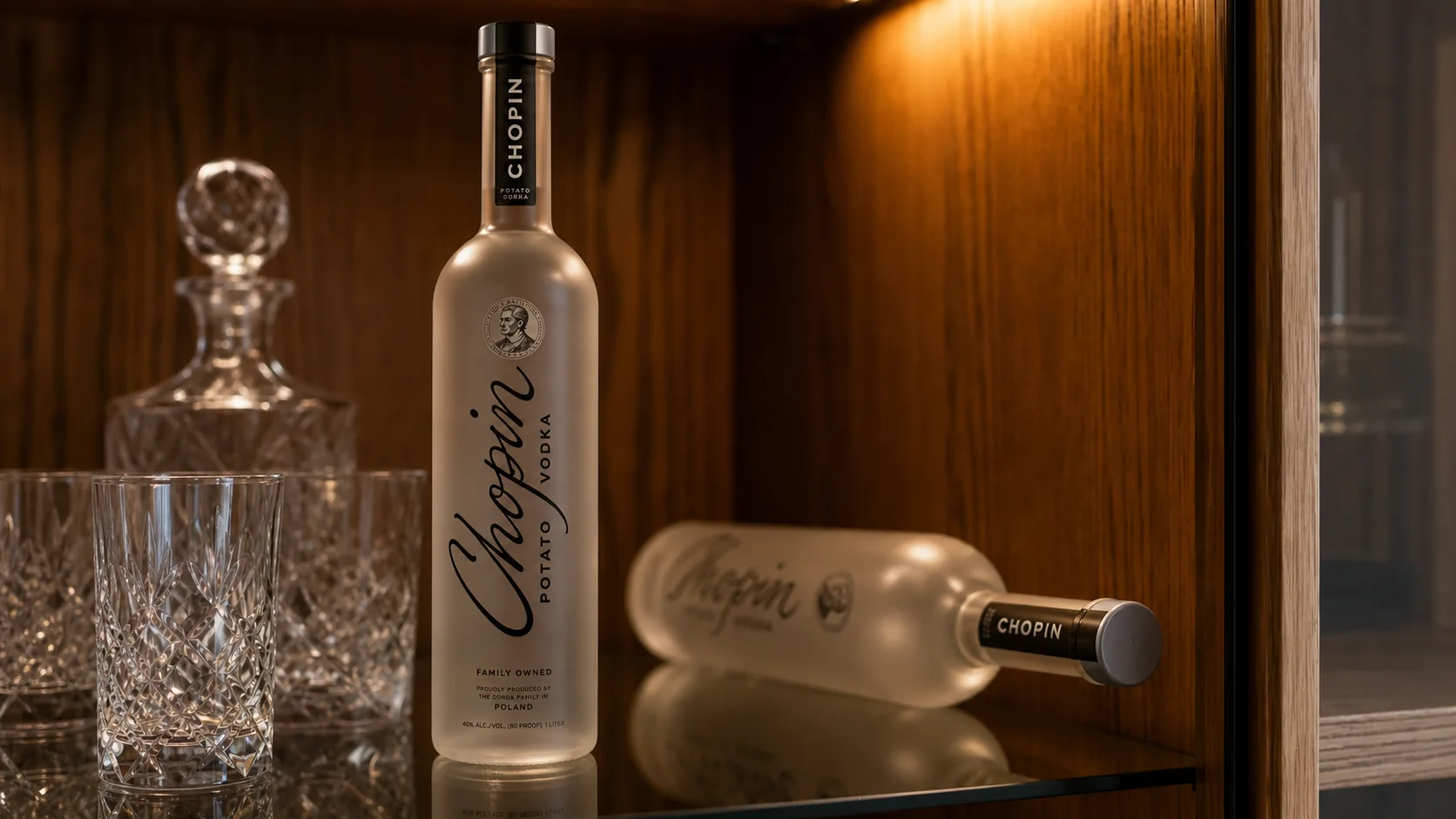Eine aufrechte und eine liegende Flasche Chopin Potato Vodka