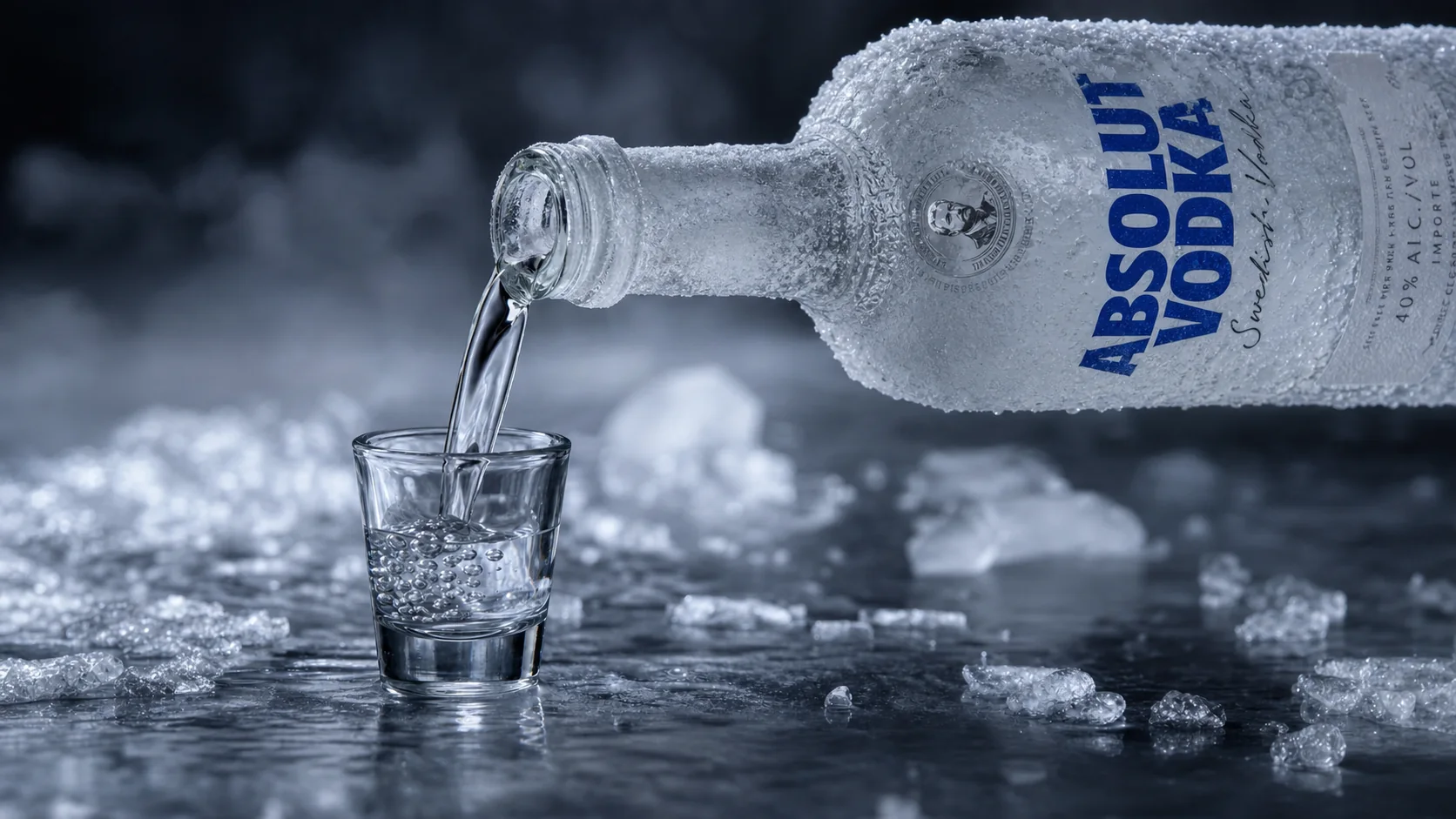 Eiskalter Absolut Vodka wird aus einer bereiften Flasche eingeschenkt
