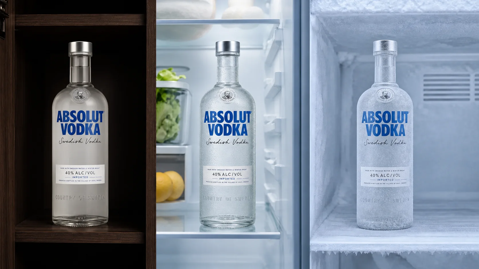 Absolut Vodka im Barschrank, Kühlschrank und Gefrierfach