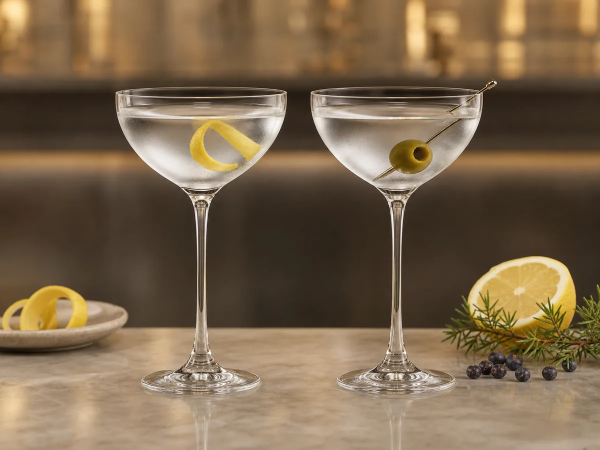 Vodka Martini mit Zitronenzeste und Gin Martini mit Olive