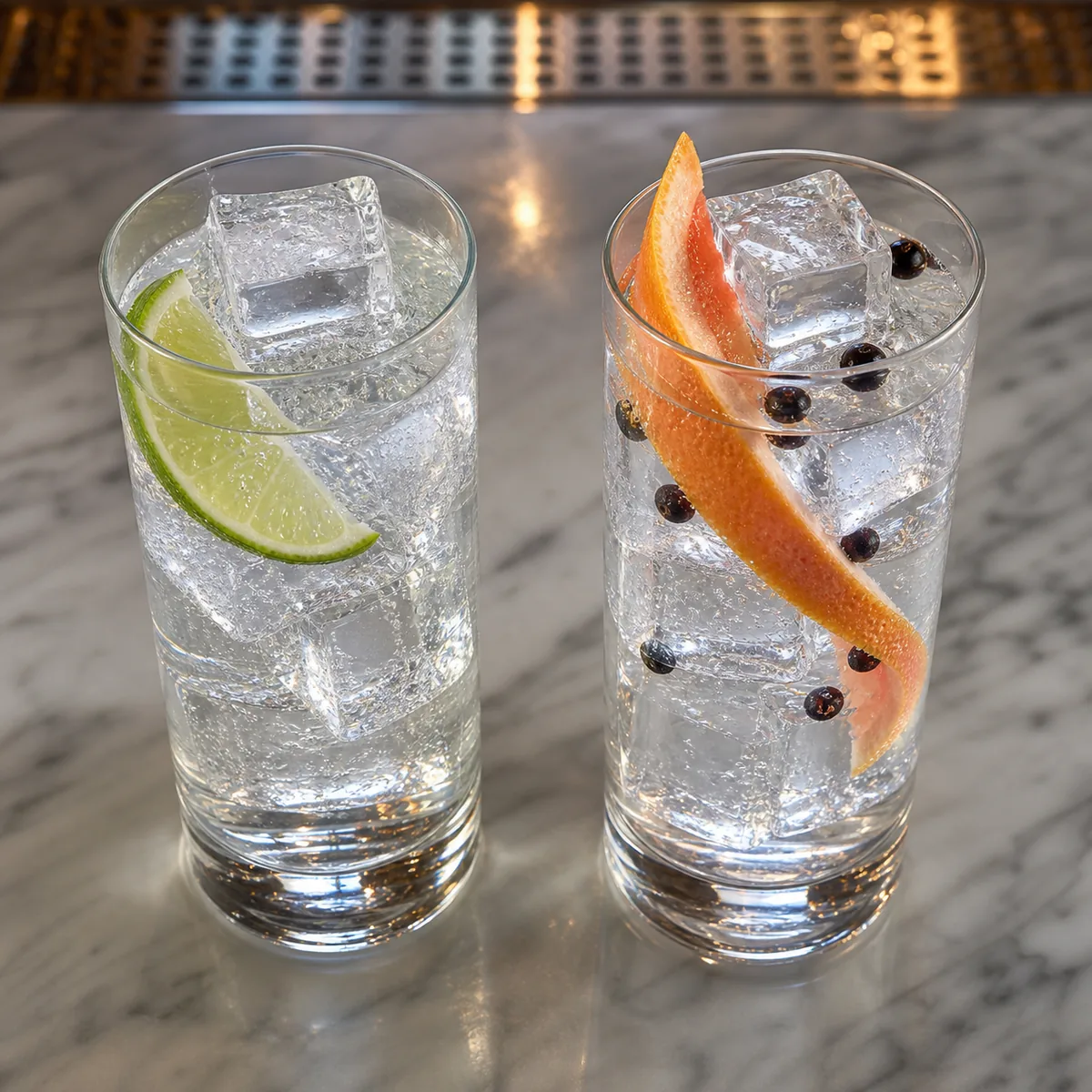 Wodka Tonic mit Limette und Gin Tonic mit Grapefruit und Wacholder
