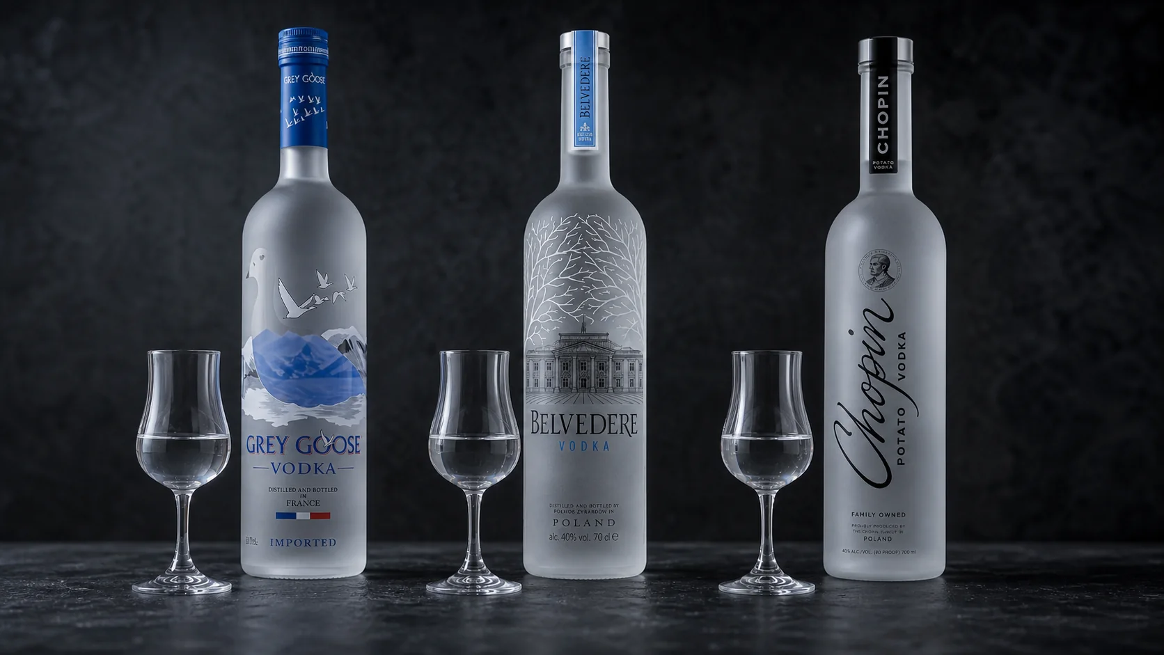 Grey Goose, Belvedere und Chopin Vodka mit drei Verkostungsgläsern